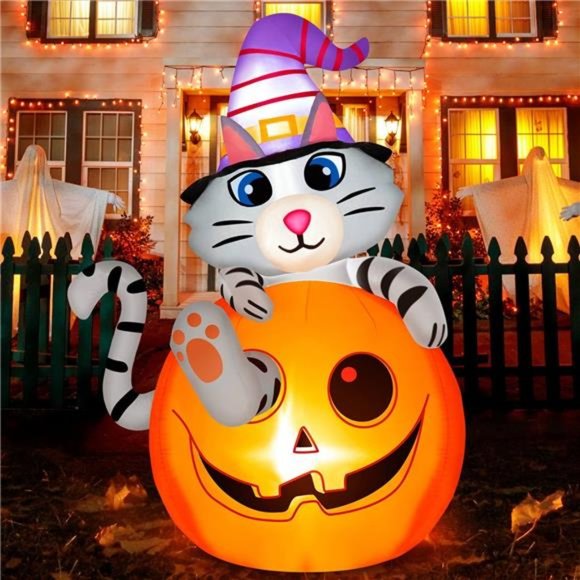 Cat in Pumpkin with Wizard Hat, 5 FT Halloween Inflatable with Built-in LEDs